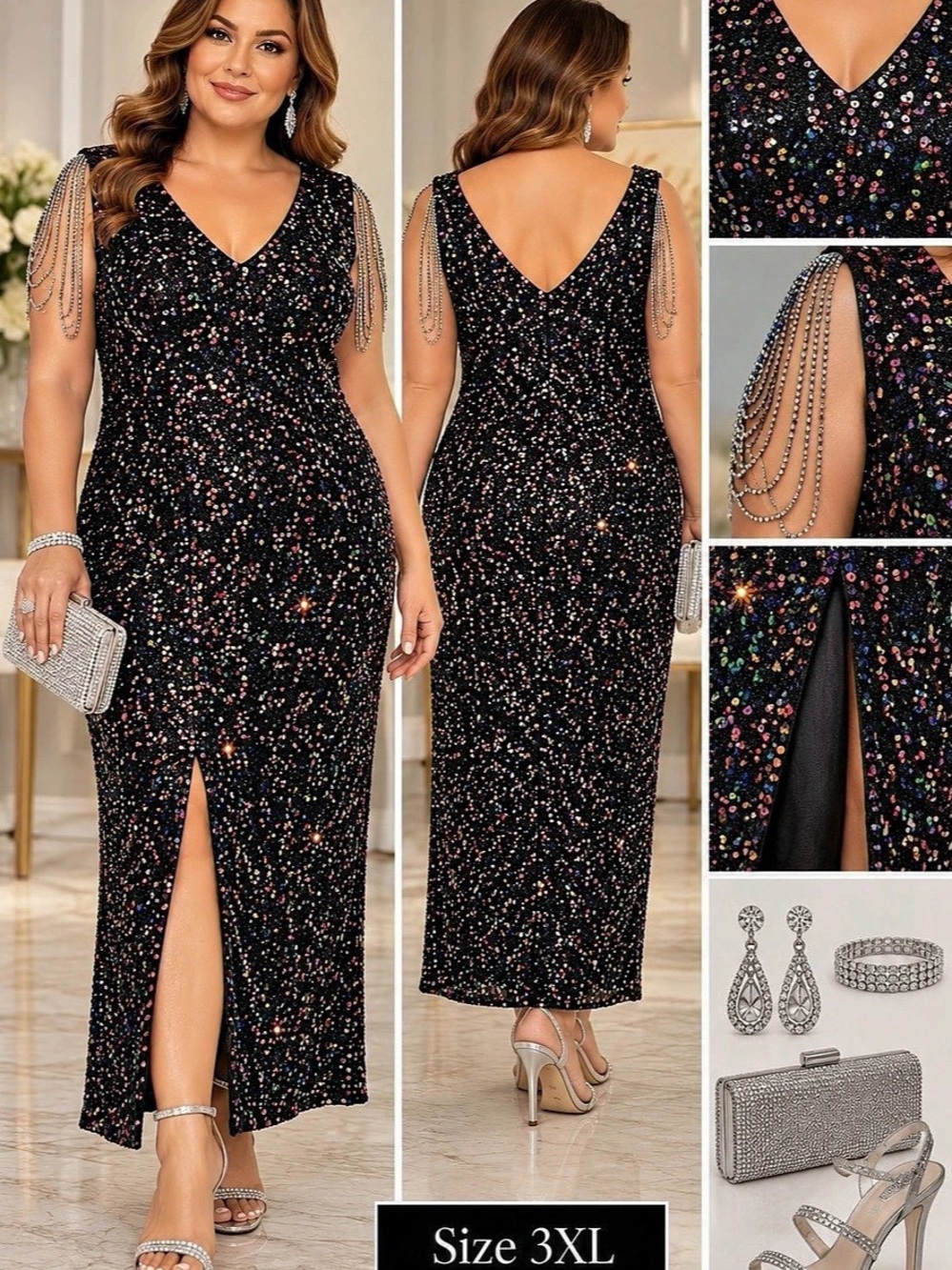 COLLURA Sequin Maxi Dress in Black & Multicolor Size 3XL NWT